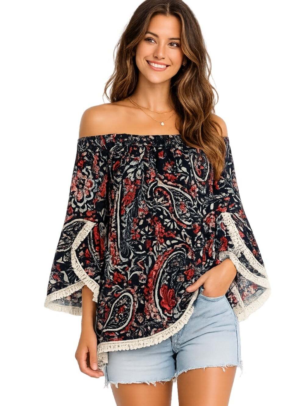 Win Win Womens Lace Trim Sleeve Tunic Size L-XL Knit Long Sleeve Scoop Neck